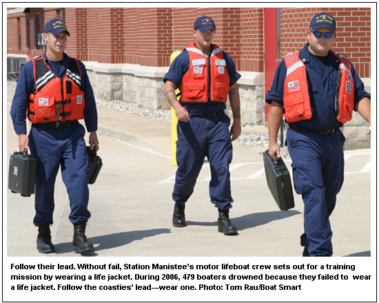Follow their lead. Without fail, Station Manistee's motor lifeboat crew sets out for a training mission by wearing a life jacket. Follow the coaties'lead-wear one.Photo: Tom Rau/Boat Smart