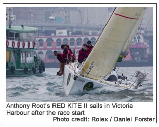 Anthony Root's RED KITE II sails in Victoria Harbour after the race start, Photo credit: Rolex / Daniel Forster
