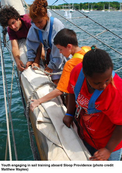 Youth engaging in sail training aboard Sloop Providence (photo credit Matthew Maples)