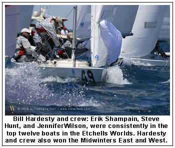 Bill Hardesty and crew: Erik Shampain, Steve Hunt, and Jennifer Wilson, were consistently in the top twelve boats in the Etchells Worlds. Hardesty and crew also won the Midwinters East and West.