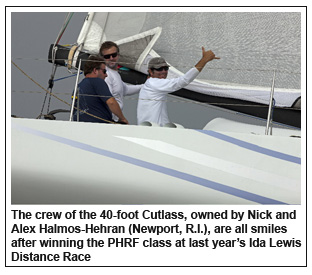 The crew of the 40-foot Cutlass, owned by Nick and Alex Halmos-Hehran (Newport, R.I.), are all smiles after winning the PHRF class at last years Ida Lewis Distance Race