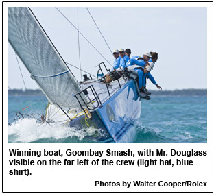 Winning boat, Goombay Smash, with Mr. Douglass visible on the far left of the crew (light hat, blue shirt).