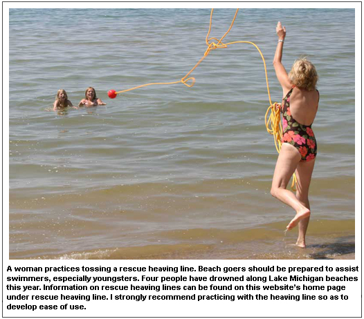 A woman practices tossing a rescue heaving line. Beach goers should be prepared to assist swimmers, especially youngsters. Four people have drowned along Lake Michigan beaches this year. Information on rescue heaving lines can be found on this website’s home page under rescue heaving line. I strongly recommend practicing with the heaving line so as to develop ease of use.
