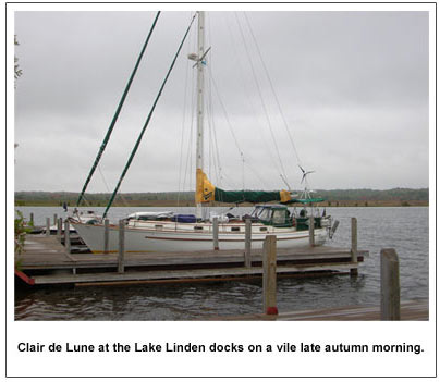 Clair de Lune at the Lake Linden docks on a vile late autumn morning.