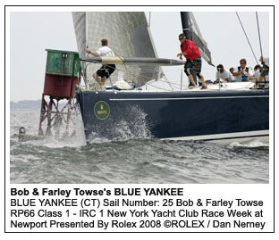 Bob & Farley Towse's BLUE YANKEE
BLUE YANKEE (CT) Sail Number: 25 Bob & Farley Towse RP66 Class 1 - IRC 1 New York Yacht Club Race Week at Newport Presented By Rolex 2008 ROLEX / Dan Nerney 