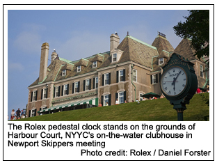 The Rolex pedestal clock stands on the grounds of Harbour Court, NYYC's on-the-water clubhouse in Newport, Photo credit: Rolex / Daniel Forster