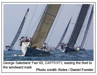 George Sakellaris' Farr 60, CAPTIVITY, leading the fleet to the windward mark, Photo credit: Rolex / Daniel Forster