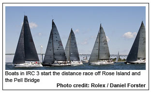 Boats in IRC 3 start the distance race off Rose Island and the Pell Bridge, Photo credit: Rolex / Daniel Forster