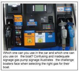 Which one can you use in the car and which one can you use on   the boat? Confusing and inadequate signage gas pump signage illustrates   the challenge boaters face when selecting the right gas for their boat.