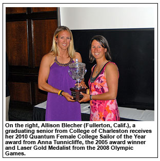 On the right, Allison Blecher (Fullerton, Calif.), a graduating senior from College of Charleston receives her 2010 Quantum Female College Sailor of the Year award from Anna Tunnicliffe, the 2005 award winner and Laser Gold Medalist from the 2008 Olympic Games.