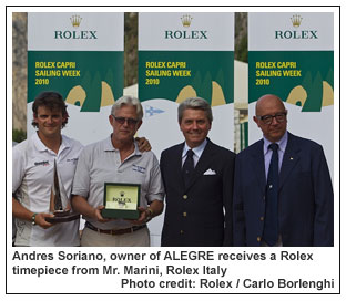 Andres Soriano, owner of ALEGRE receives a Rolex timepiece from Mr. Marini, Rolex Italy, Photo credit: Rolex / Carlo Borlenghi