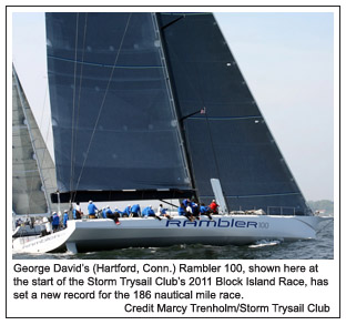 George Davids (Hartford, Conn.) Rambler 100, shown here at the start of the Storm Trysail Clubs 2011 Block Island Race, has set a new record for the 186 nautical mile race.  Credit Marcy Trenholm/Storm Trysail Club