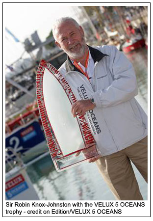Sir Robin Knox-Johnston with the VELUX 5 OCEANS trophy - credit onEdition/ VELUX 5 OCEANS