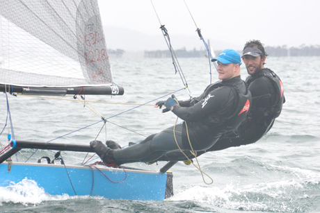 Ben McGrane and James Hughes were chuffed to win Race 2 of the regatta. of the International 14 World Championships.Credit: Rhenny Cunningham - Sailing Shots