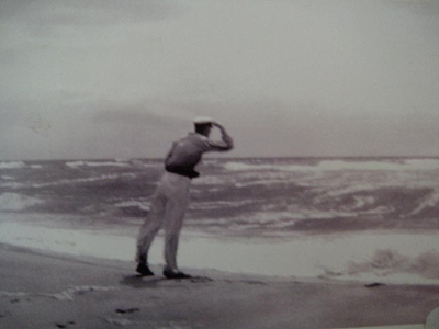 Richard G. Hendrickson looks out over the Atlantic Ocean on a stormy day in Bridgehampton, New York (1930s).  Photo: D.L. Hendrickson.