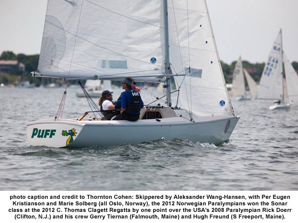 Skippered by Aleksander Wang-Hansen, with Per Eugen Kristianson and Marie Solberg (all Oslo, Norway), the 2012 Norwegian Paralympians won the Sonar class at the 2012 C. Thomas Clagett Regatta by one point over the USAs 2008 Paralympian Rick Doerr (Clifton, N.J.) and his crew Gerry Tiernan (Falmouth, Maine) and Hugh Freund (S Freeport, Maine).
