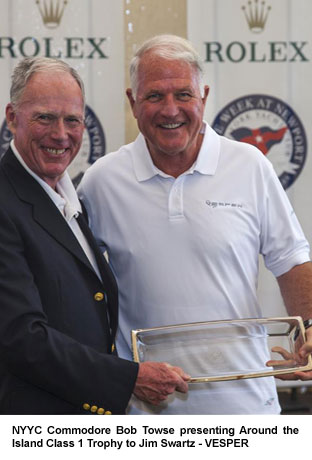 NYYC Commodore Bob Towse presenting Around the Island Class 1 Trophy to Jim Swartz