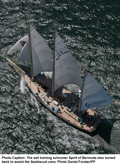 The sail training schooner Spirit of Bermuda also turned back to assist the Seabiscuit crew. Photo Daniel Forster/PP
