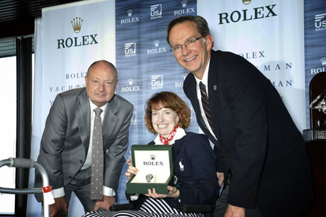 From left to right: Rolex Watch U.S.A. President and CEO Stewart Wicht with 2012 Rolex Yachtswoman of the year Jennifer French and US Sailing President Tom Hubbell (Photo Credit Tom O'Neil/Rolex)