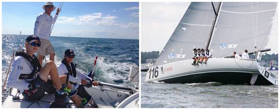 (Left) George Moss (foreground) onboard the Ida Lewis Yacht Clubs 2013 Youth Challenge entry, Class 40 Icarus Racing (Photo Courtesy of Simon Davidson). (Right) Icarus Racing at the start of last years race (Photo Credit Meghan Sepe).