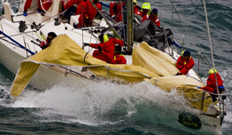 Sail change on 2008 Rolex China Sea Race overall winner SUBIC CENTENNIAL (PHI), skippered by Ernesto Echauz