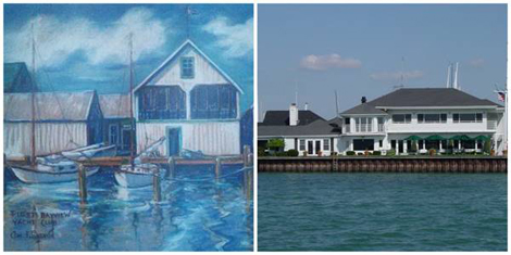 The Bayview Yacht Club then (1915) on Motor Boat Lane, as depicted in a painting currently hanging in the clubhouse, and now (2015) on the edge of the Detroit River. (credit Bayview Yacht Club/Martin Chumiecki)