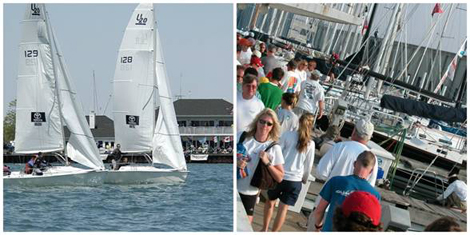 (left) Sailing on the Detroit River off the Bayview Yacht Club; (right) Sailors crowd the docks at Bayview Yacht Club in preparation for one of the clubs many seasonal regattas. (Photo credit Bayview Yacht Club/Martin Chumiecki)