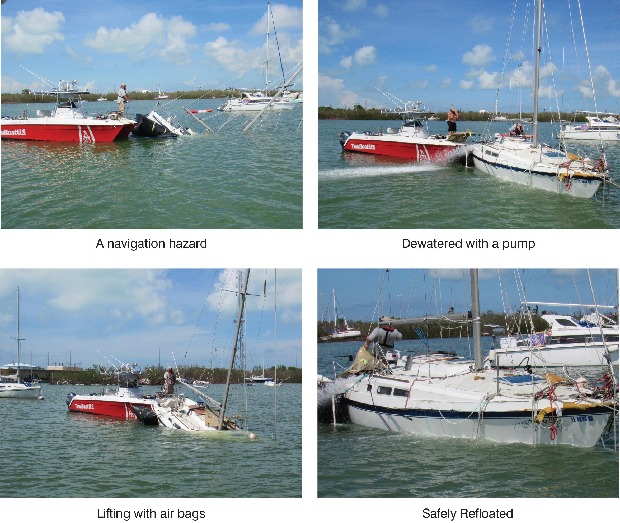 A series of photos shows a sailboat being raised from Boot Key Harbor, FL (credit: BoatUS)