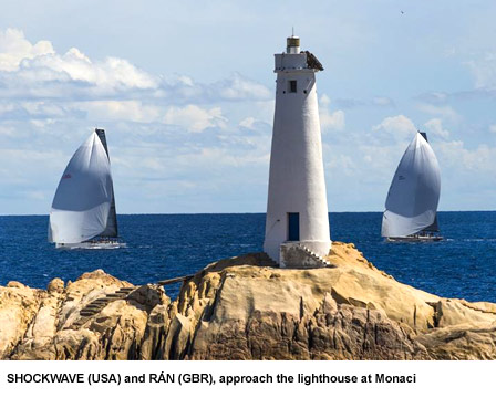 SHOCKWAVE (USA) and RN (GBR), approach the lighthouse at Monaci
