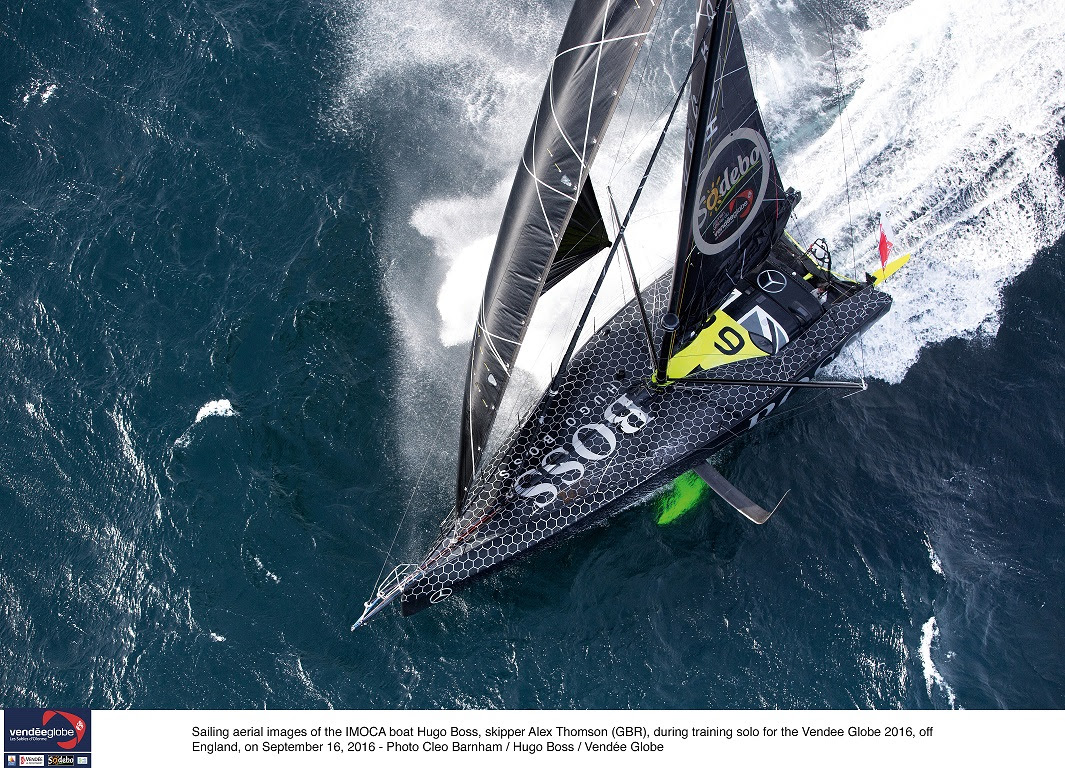 Sailing aerial images of the IMOCA boat Hugo Boss, skipper Alex Thomson (GBR), during training solo for the Vendee Globe 2016, off England, on September 16, 2016 - Photo Cleo Bamham / Hugo Boss / Vendee Globe