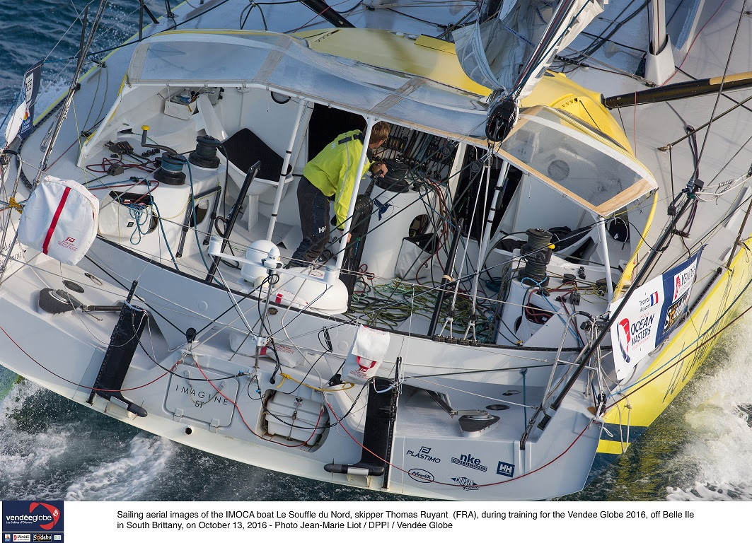 Sailing aerial images of the IMOCA boat le Souffle du Nord, Skipper Thomas Ruyant (FRA), during training for the Vendee Globe 2016, off Belle lle in South Brittany, on October 13, 2016 - Photo Jean-Marie Lior / DPPI / Vendee Globe