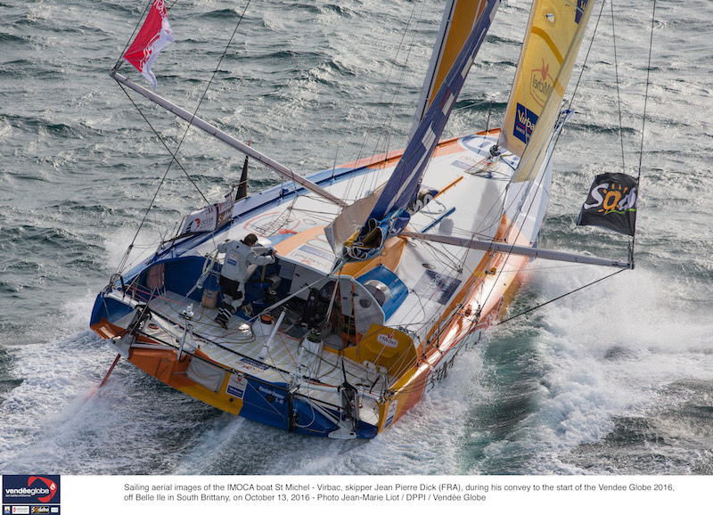 Sailing aerial images of the IMOCA boat St Michel - Virbac, skipper Jean Pierre Dick (FRA), during his convey to the start of the Vendee Globe 2016, off Belle lle in South Brittany on October 13, 2016 - Photo Jean-Marie Liot / DPPI / Vendee Globe