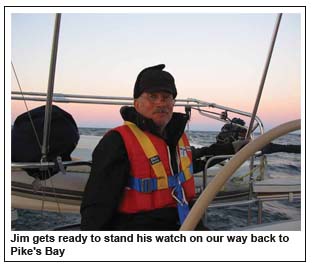 Jim gets ready to stand his watch on our way back to Pike's Bay.