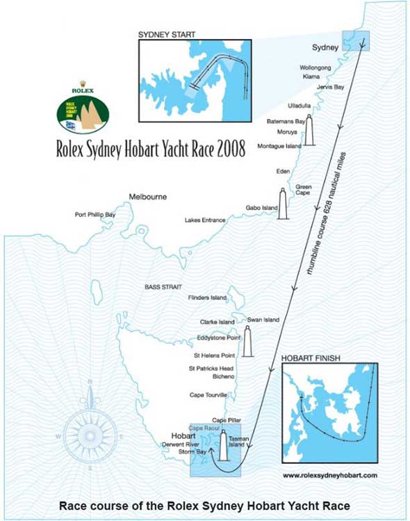 Race course of the Rolex Sydney Hobart Yacht Race