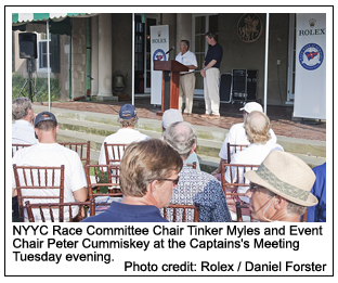 NYYC Race Committee Chair Tinker Myles and Event Chair Peter Cummiskey at the Captains's Meeting Tuesday evening., Photo credit: Rolex /   Daniel Forster