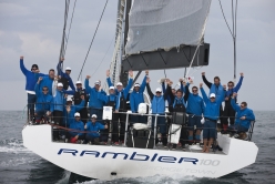 . . Rambler 100 team celebrating at the Lizard Point finish in South Cornwall, U.K. (photo credit TR2011/ Mark Lloyd) .