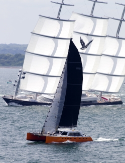 High drama between the two yachts in the Open Class, 298' Maltese Falcon and Gunboat 66 Phaedo. (photo credit Phaedo/Richard Langdon).