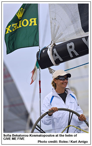 Sofia Bekatorou-Kosmatopoulos at the helm of GIVE ME FIVE , Photo credit: Rolex / Kurt Arrigo