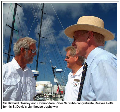 Sir Richard Gozney and Commodore Peter Schrubb congratulate Reeves Potts for his St David's Lighthouse trophy win