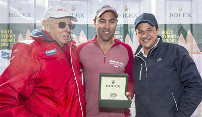 Line Honours presentation - (L to R) Bob Oatley (Wild Oats XI owner), Mark Richards (Wild Oats XI skipper) and Patrick Boutellier (Rolex Australia)