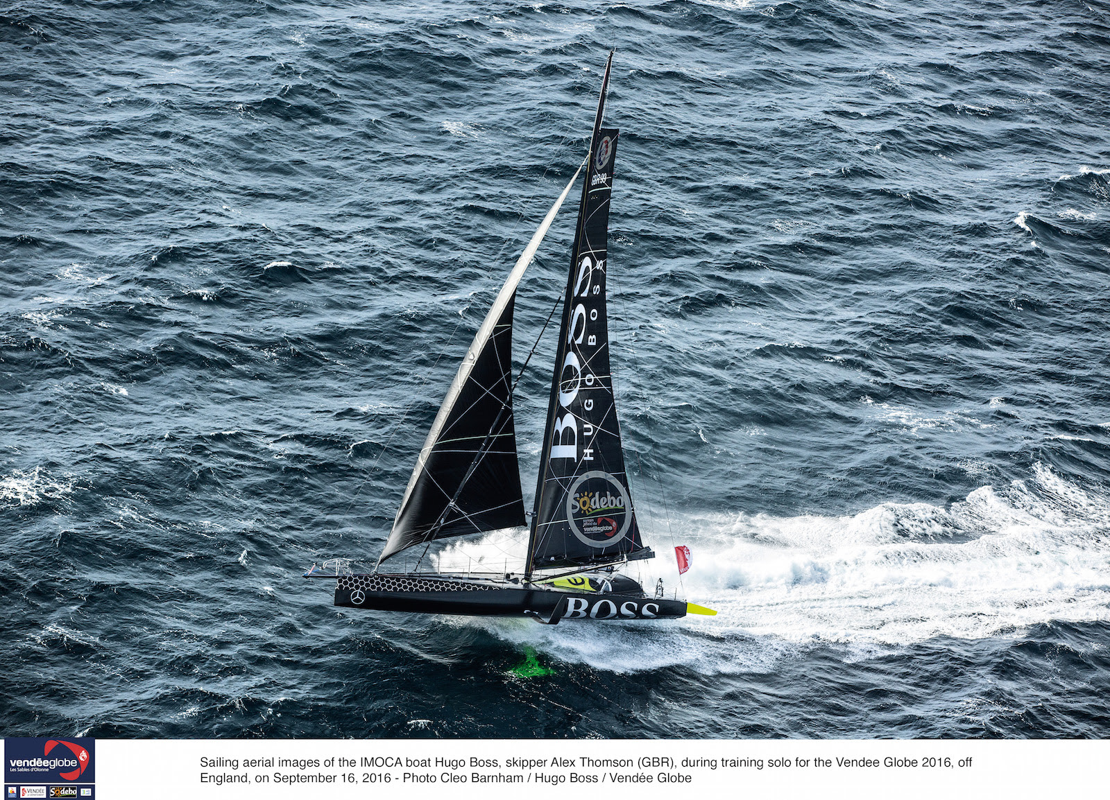 Sailing aerial images of the IMOCA boat Hugo Boss, skipper Alex Thomson (GBR), during training solo for the Vendee Globe 2016, off England on September 16, 2016 - Photo Cleo Barnham / Hugo Boss / Vendee Globe