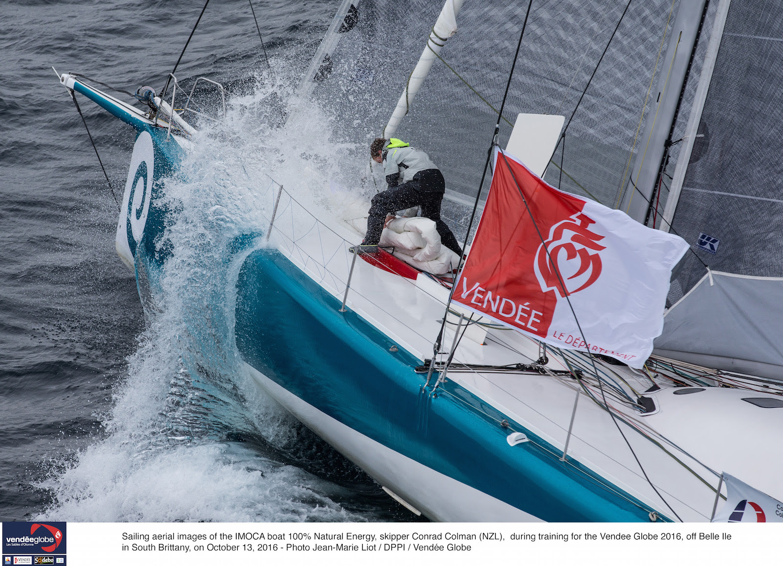 Sailing aerial images of the IMOCA boat 100% Natural Energy, skipper Conrad Colman (NZL), during training for the Vendee Globe 2016, off Belle lle in South Brittany, on October 13, 2016 - Photo Jean-Marie Liot / DPPI / Vendee Globe