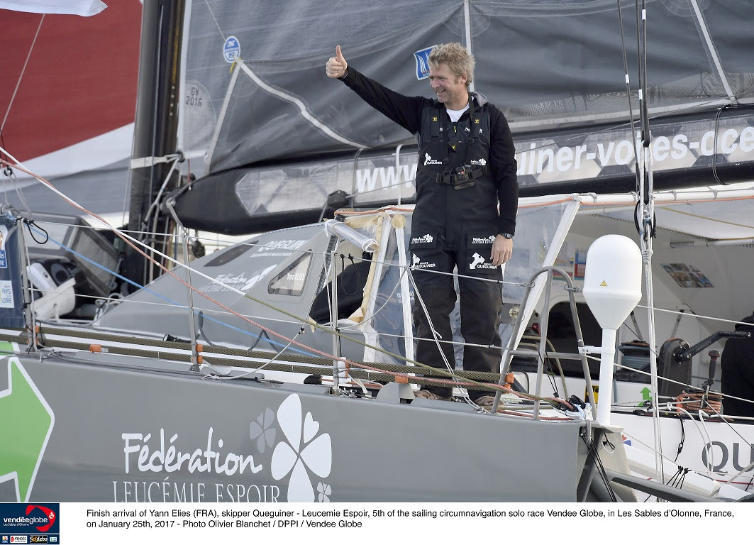 Finish arrival of Yann Elies (FRA), skipper Queguiner - Leucemie Espoir, 5th of the sailing circumnavigation solo race Vendee Globe, in Les Sables d'Olonne, France, on January 25th, 2017 - Photo Olivier Blanchet / DPPI / Vendee Globe