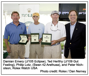 Damian Emery (J/105 Eclipse), Ted Herlihy (J/109 Gut Feeling), Philip Lotz, (Swan 42 Arethusa), and Peter Nicholson, Rolex Watch USA, Photo credit: Rolex / Dan Nerney