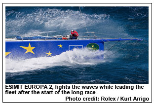 ESIMIT EUROPA 2, fights the waves while leading the fleet after the start of the long race  , Photo credit: Rolex / Kurt Arrigo