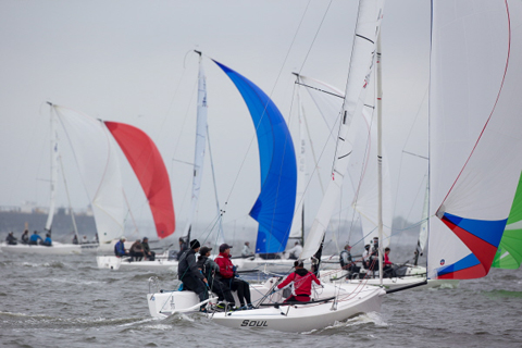 This teams got SOUL!  Running five abreast is just an ordinary day for the incredibly tight fleet racing in the J/70 Class.