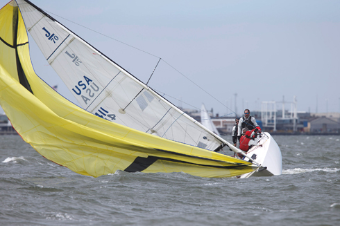 Jack Wallace's J/70 team from Lake Champlain in Vermont had their hands full with the challenging condtions on the water in Charleston today as racers prepared for the 21st edition of Sperry Charleston Race Week.  Charleston Race Week/Tim Wilkes photo