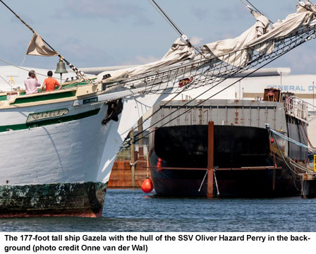 The 177-foot tall ship Gazela with the hull of the SSV Oliver Hazard Perry in the background (photo credit Onne van der Wal)