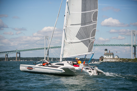 Dave Lussier's F-31 trimaran Bazinga! took first place in the Multihull Division at the 2014 Ida Lewis Distance Race (Photo Credit Meghan Sepe)