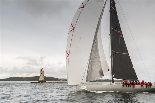 Maxi 72 MOMO crossing the finish line in Plymouth